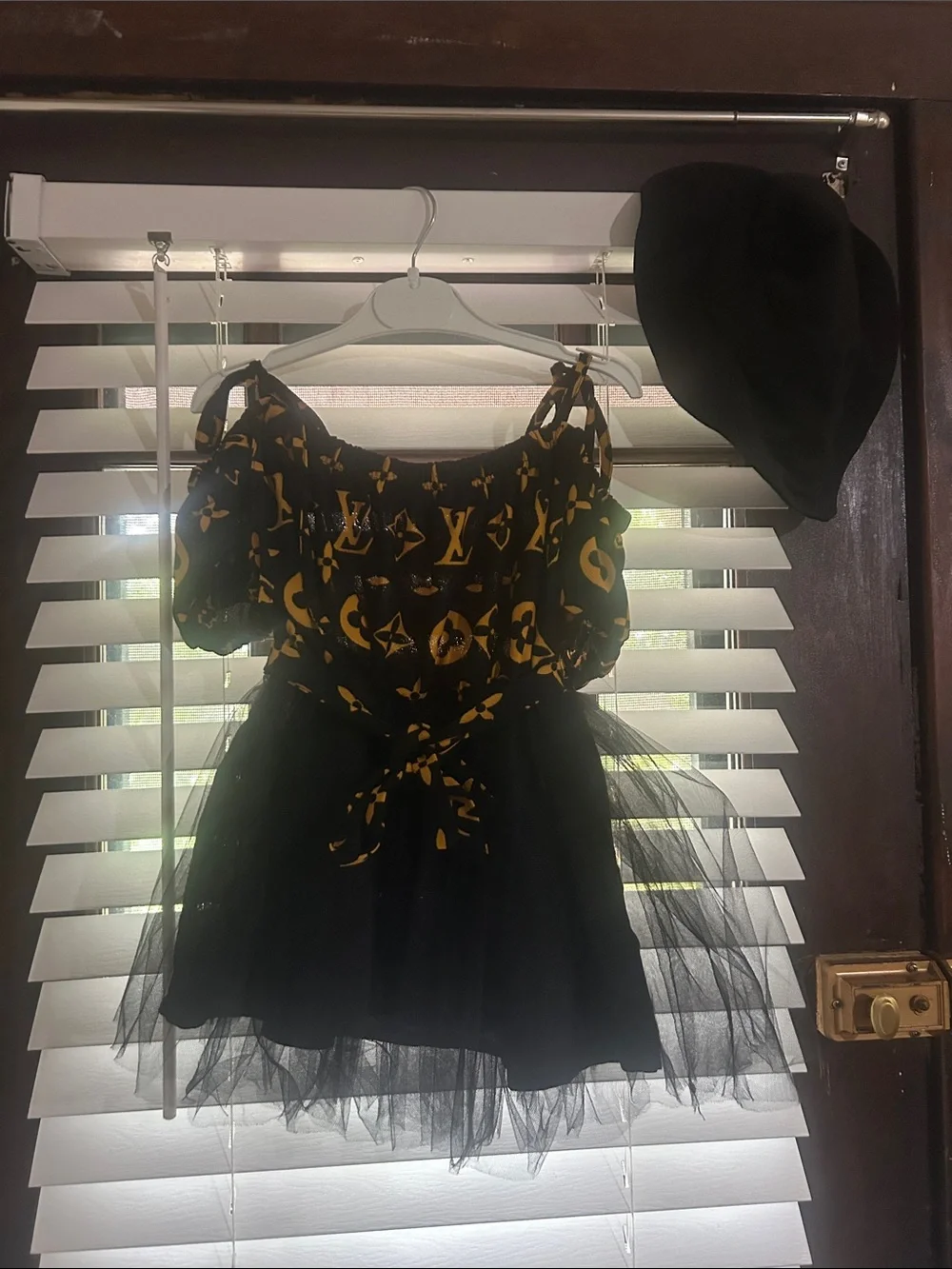 Black and Gold Printed Off-Shoulder Tulle Dress
